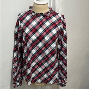 J. Crew Snow Plaid Ruffle Neck Blouse